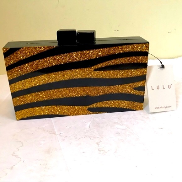 Lulu NYC NEW Zebra Acrylic Box Clutch Glitter Crossbody Shoulder Bag Gold Black - Picture 4 of 16